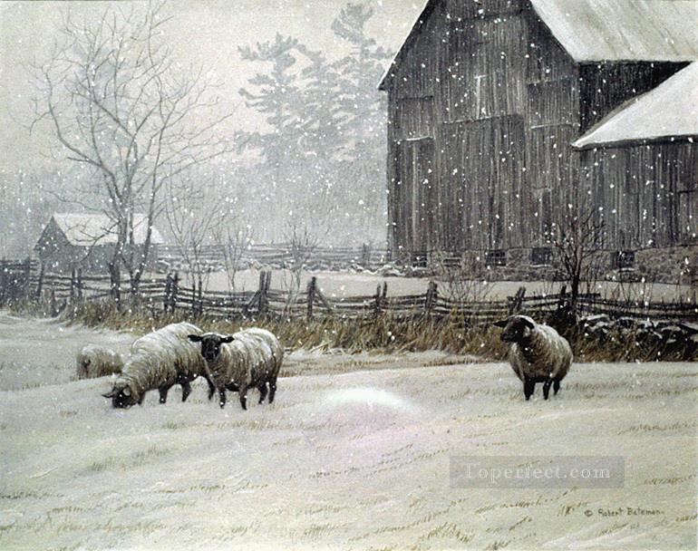 雪に覆われた羊油絵